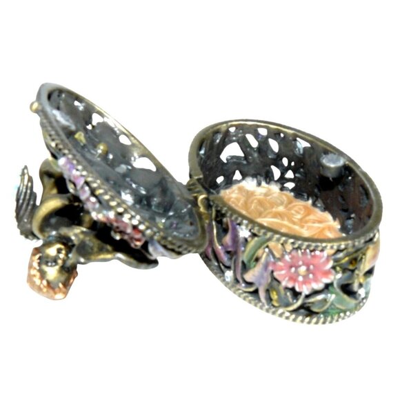 Angel Trinket Box Hand-Painted Floral Desgn Hinged Lid Blue Satin-Lined Gift Box - Picture 4 of 11